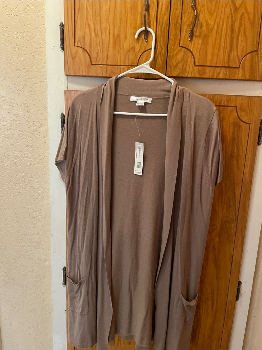 August Silk Taupe Open-Front Short-Sleeve Cardigan